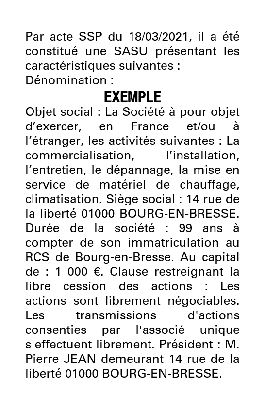 Exemple annonce légale création SASU