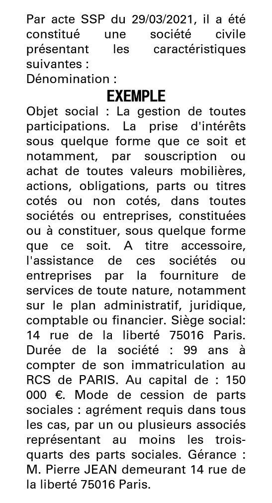 Exemple annonce légale création Société Civile