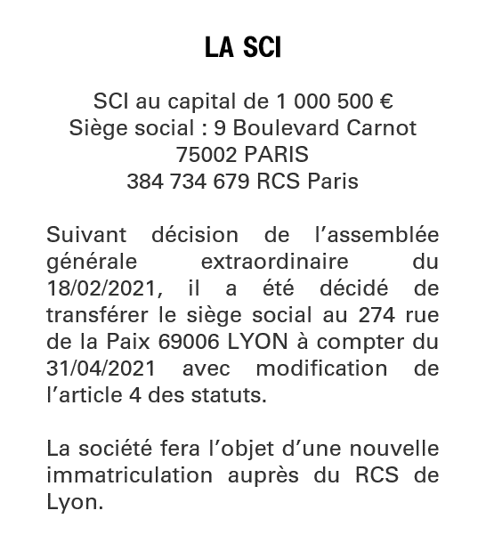 Exemple annonce légale Transfert de siège autre département (Ancien siège)