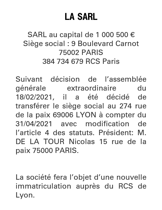 Exemple annonce légale Transfert de siège autre département (Nouveau siège)