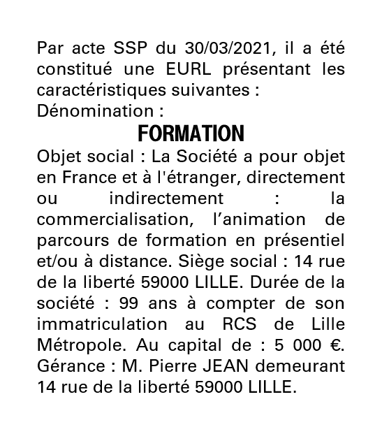 Exemple annonce légale création EURL
