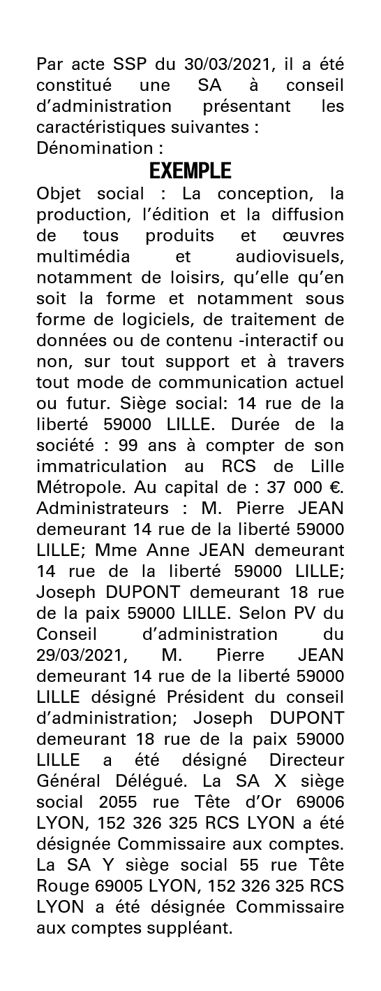 Exemple annonce légale création SA