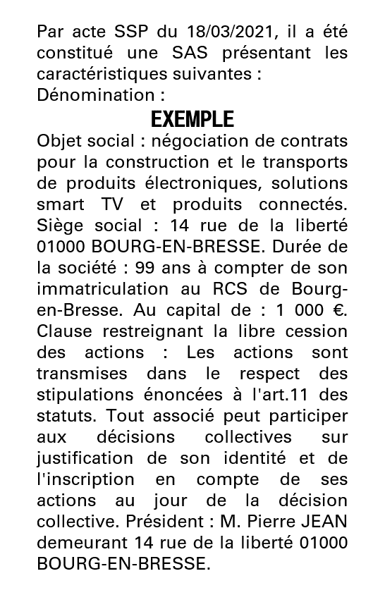 Exemple annonce légale création SAS