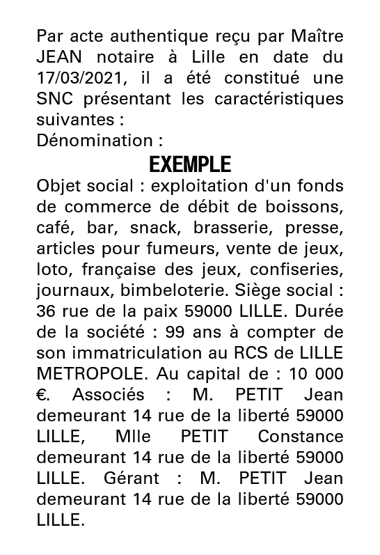 Exemple annonce légale création SNC