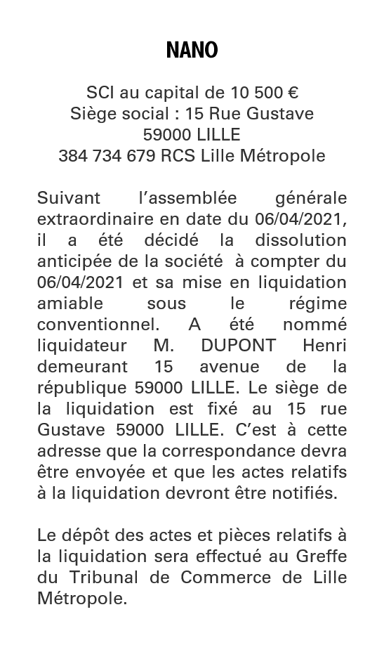 Exemple annonce légale Dissolution